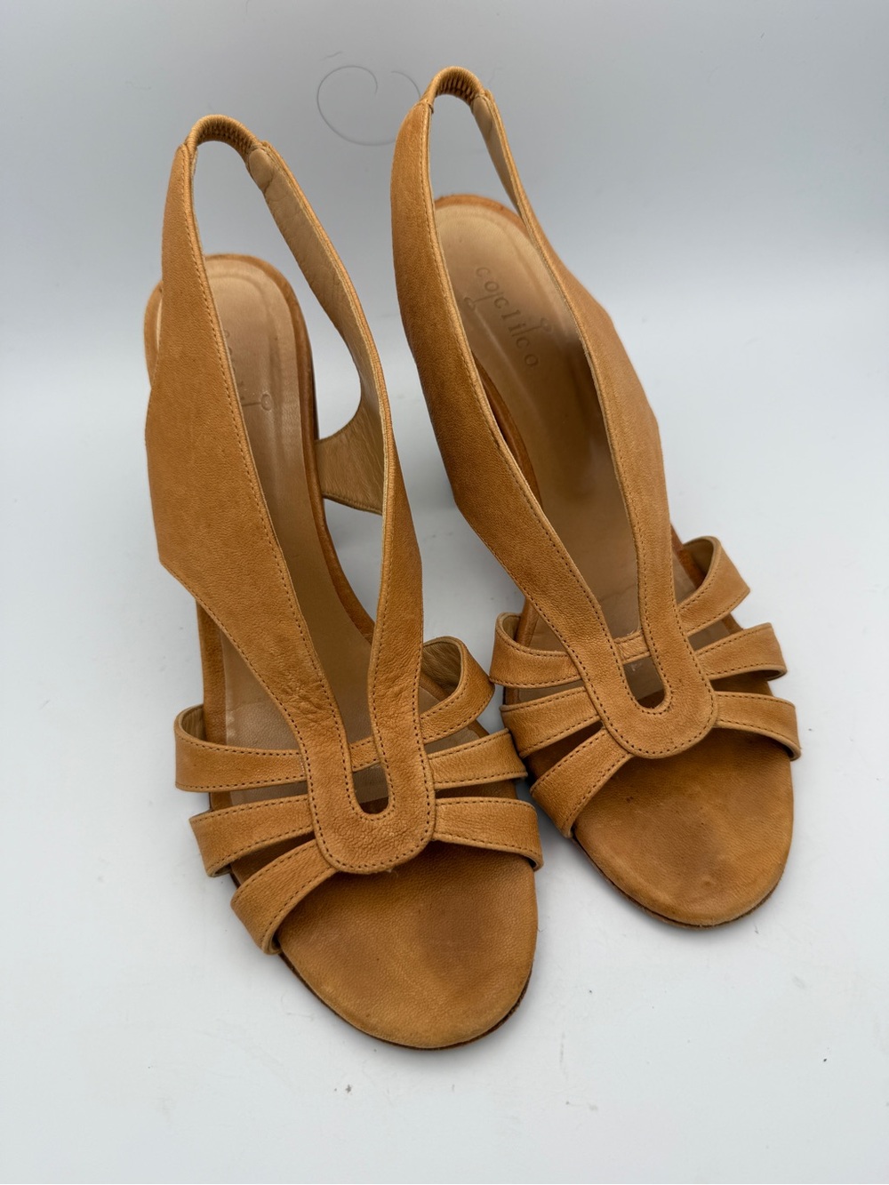 COCLICO Cognac Leather Strappy Slingback Heels 41 10-10.5